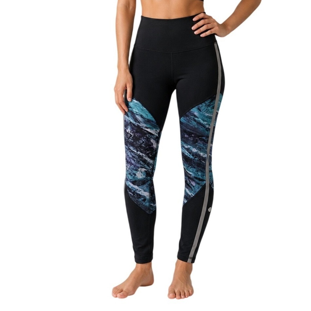 Lululemon Black Teal Marble Running Leggings Women's 4
